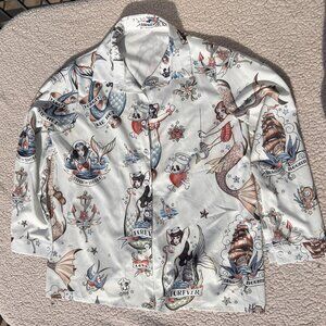 Nautical Naughties Mermaid Tattoo Graphic Print Long Sleeve Button Up Shirt